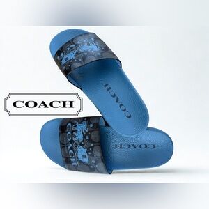 COACH Uli Sport Slides Blue Signature Horse & Carriage Snowflake Print Sz 9